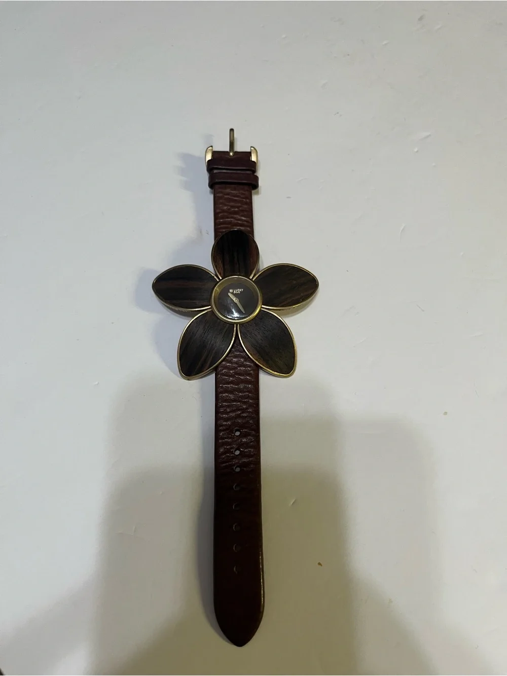 Vintage y2k era cuffLucky Brand Brown Floral Leather Strap Watch with Petal Dial